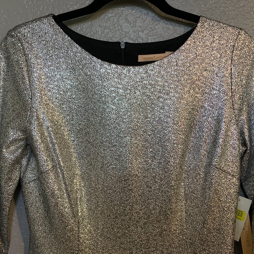 NEW Gibson Latimer  Metallic Silver Dress Crackled Cobweb Pattern Cocktail Party - Picture 2 of 11